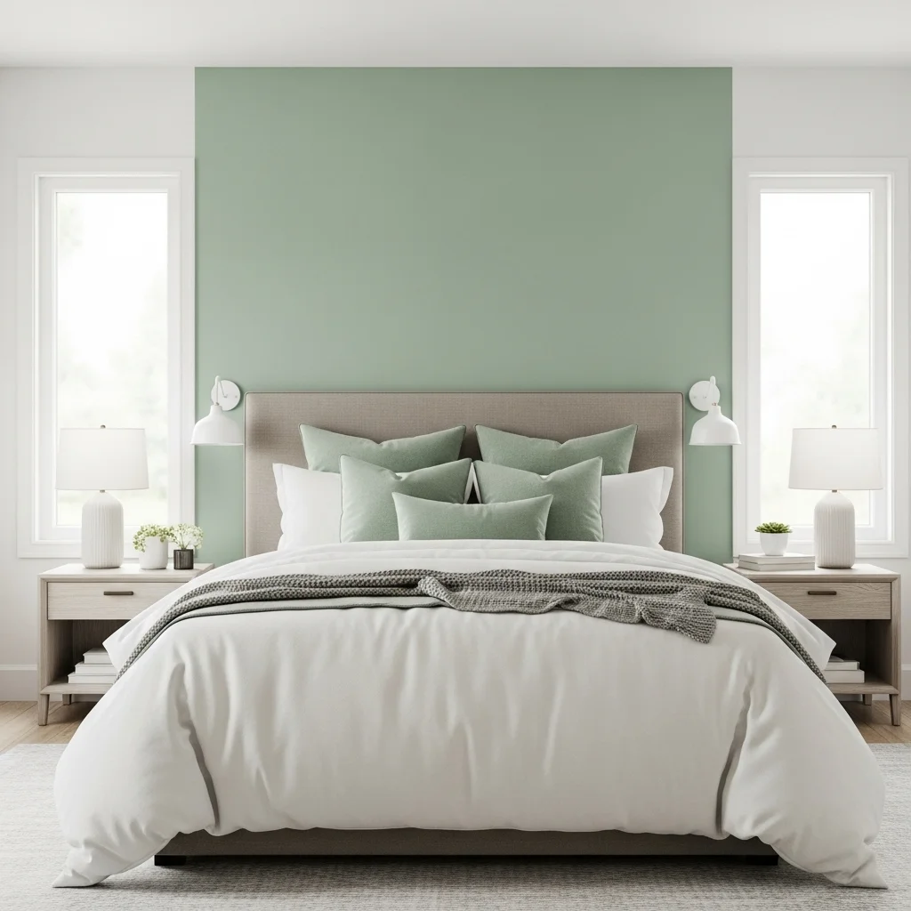 Sage Green Accent Wall with White Bedding