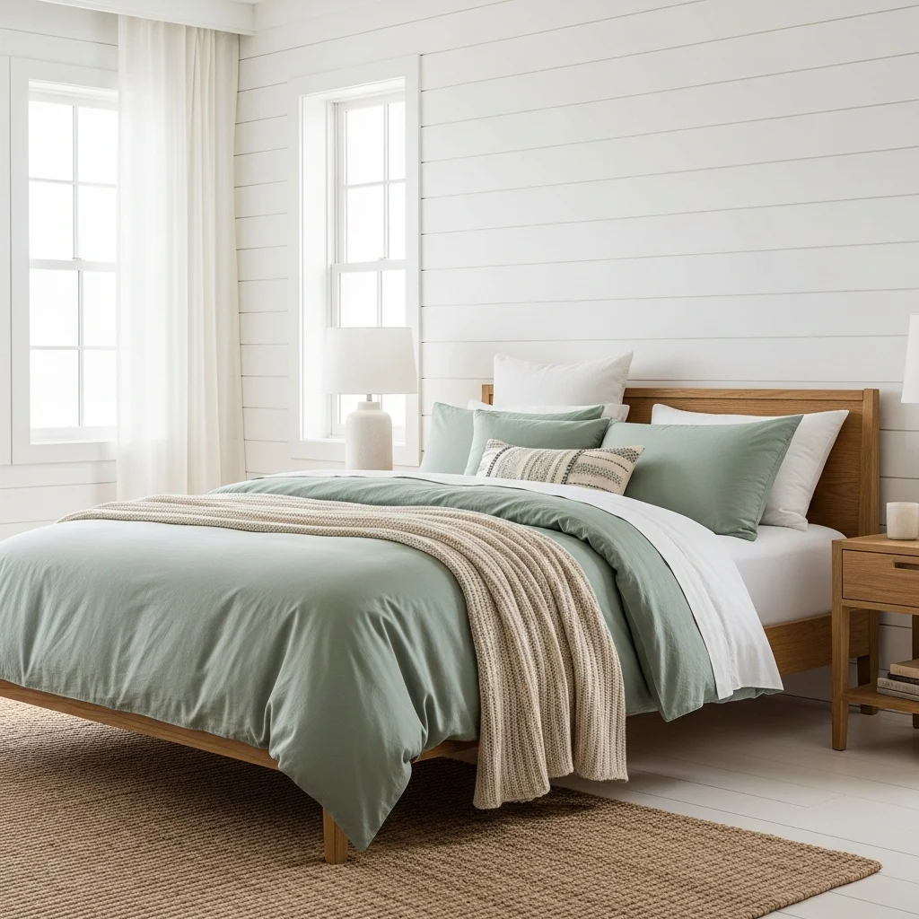 Sage Green Bedding with White Shiplap Walls