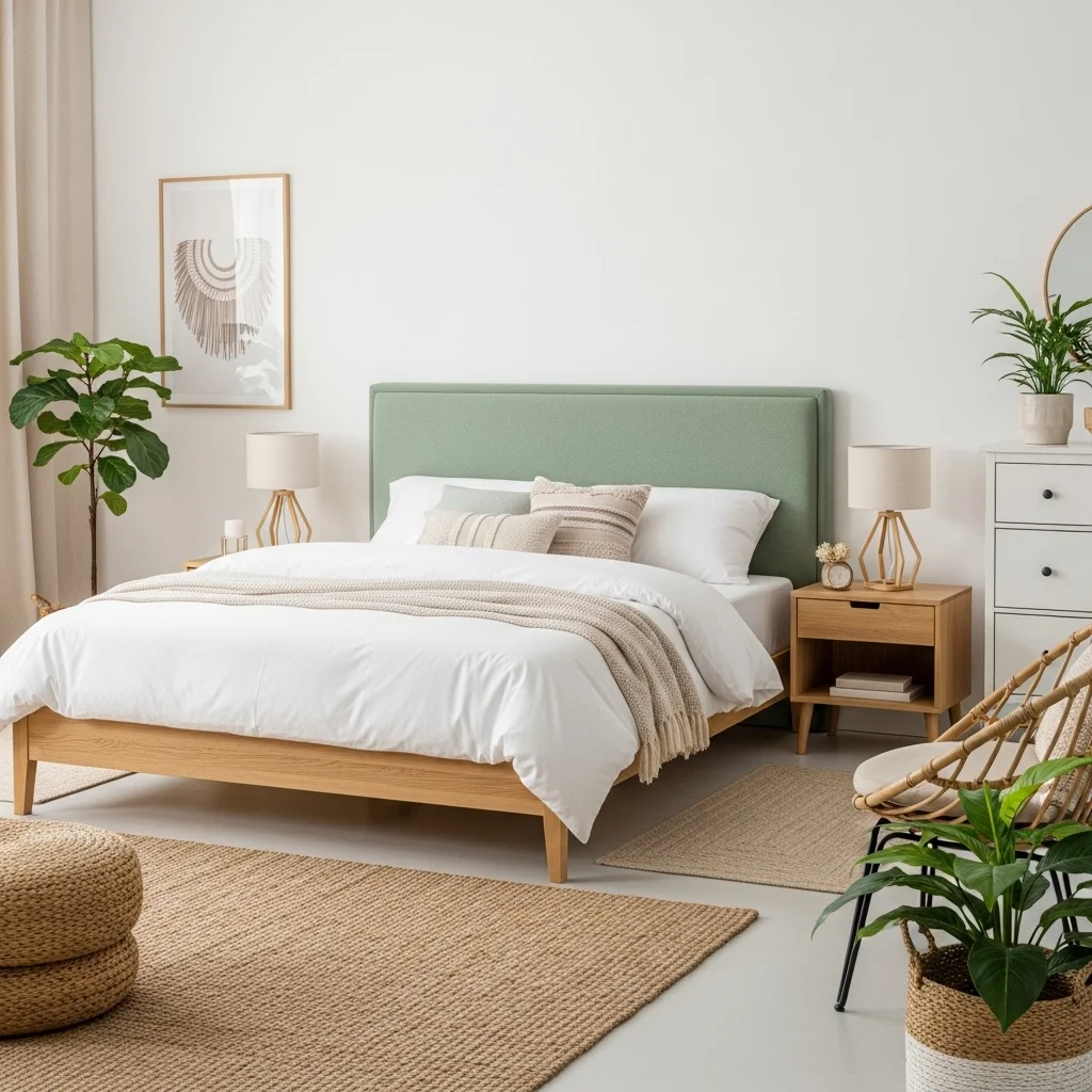 Sage Green Headboard with White Bedding and Light Wood Accents