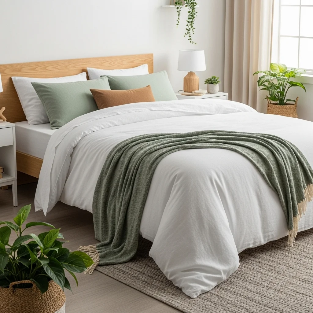  Sage Green Throw Blanket with White Linen Sheets