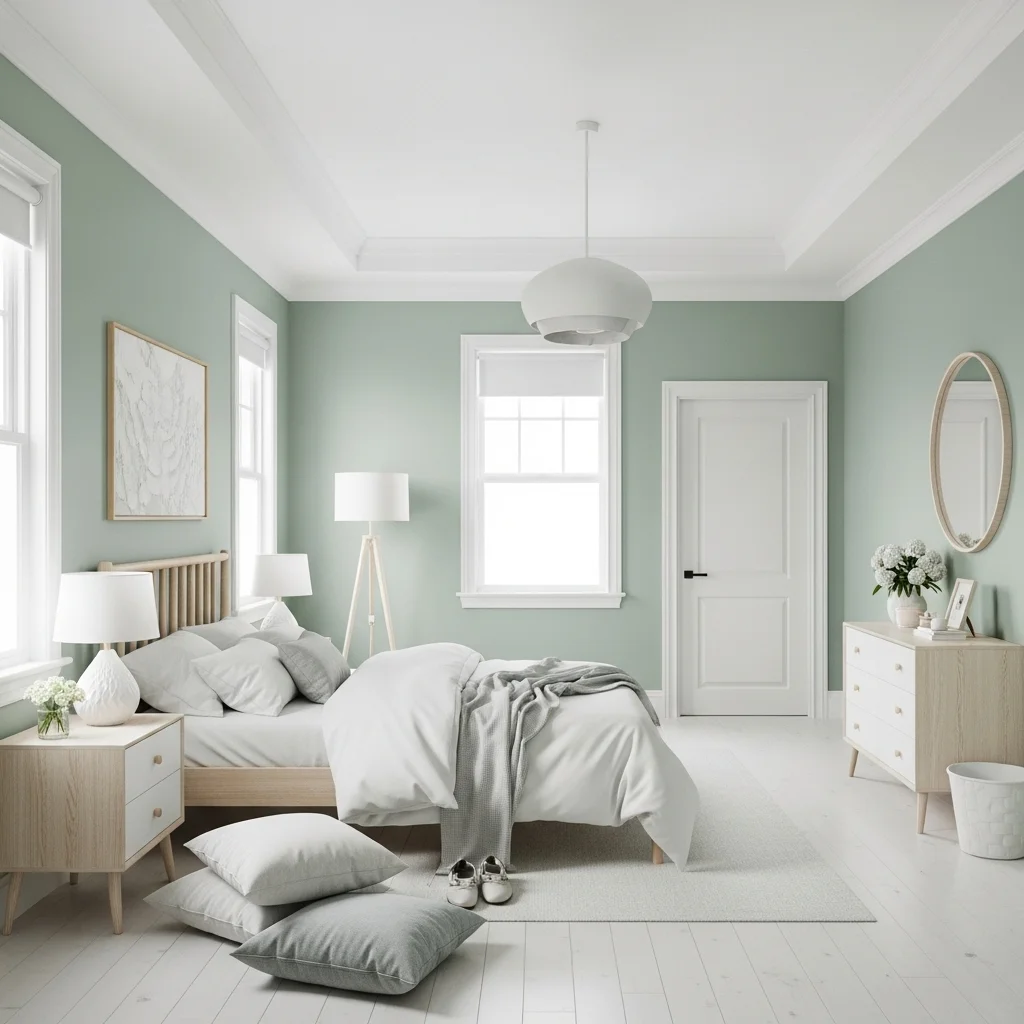 Sage Green Walls with White Ceiling and Accents