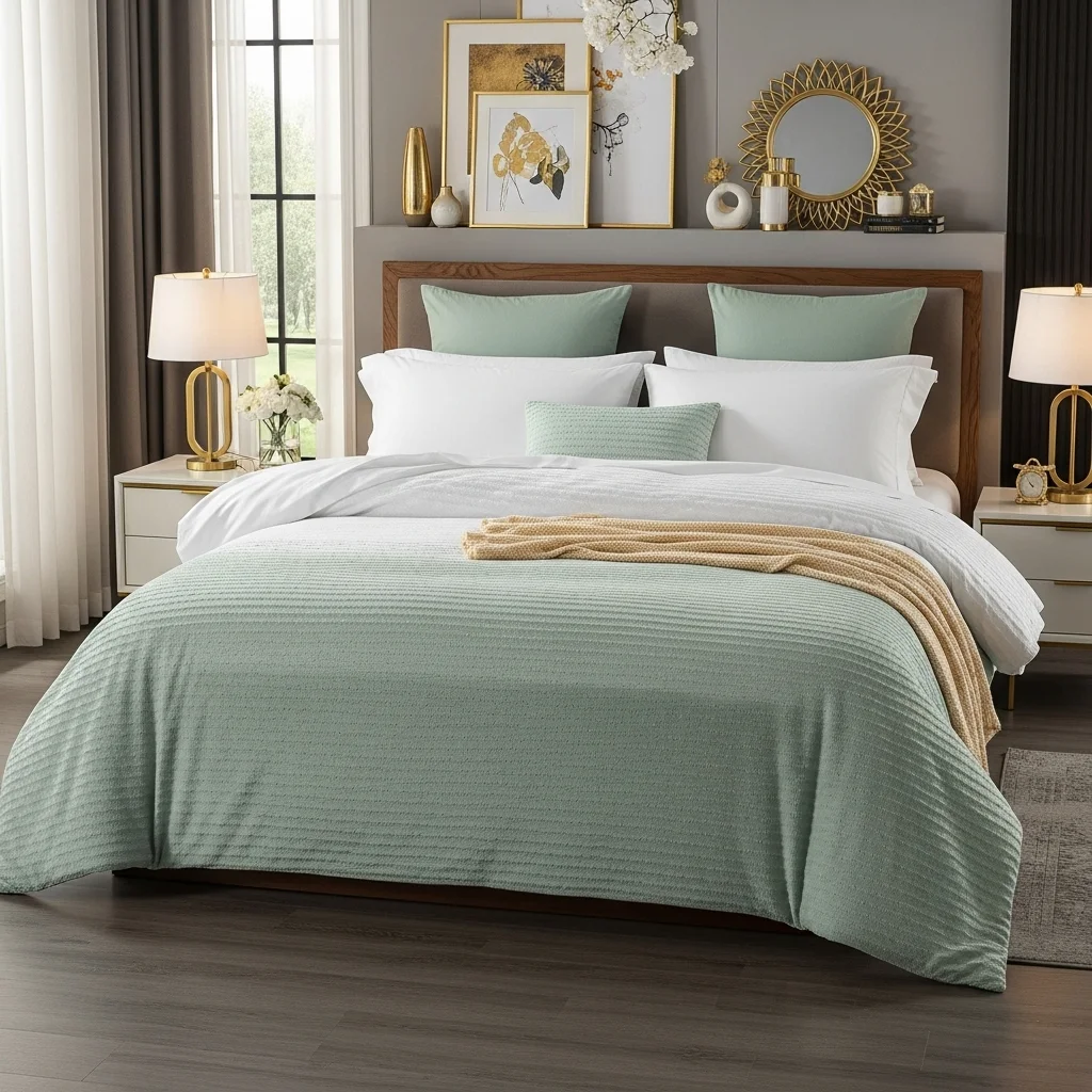  Sage Green and White Bedspread with Gold Accents
