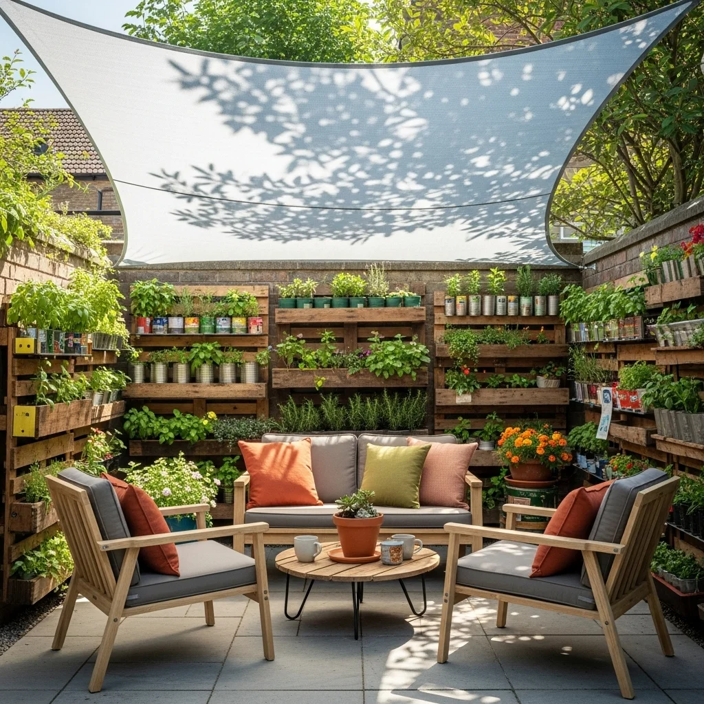  Shade Sail Serenity with Upcycled Planter Walls