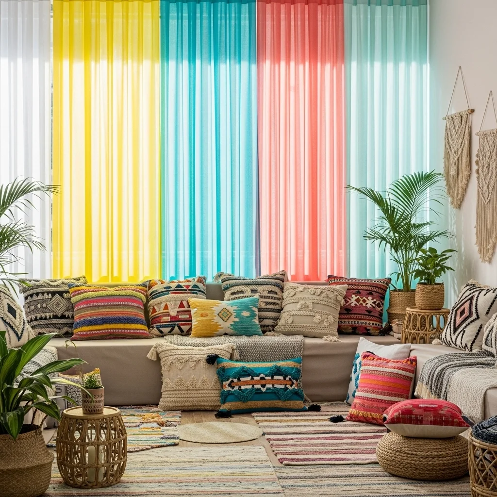 Sheer Bright Curtains with Boho-Chic Throw Pillows