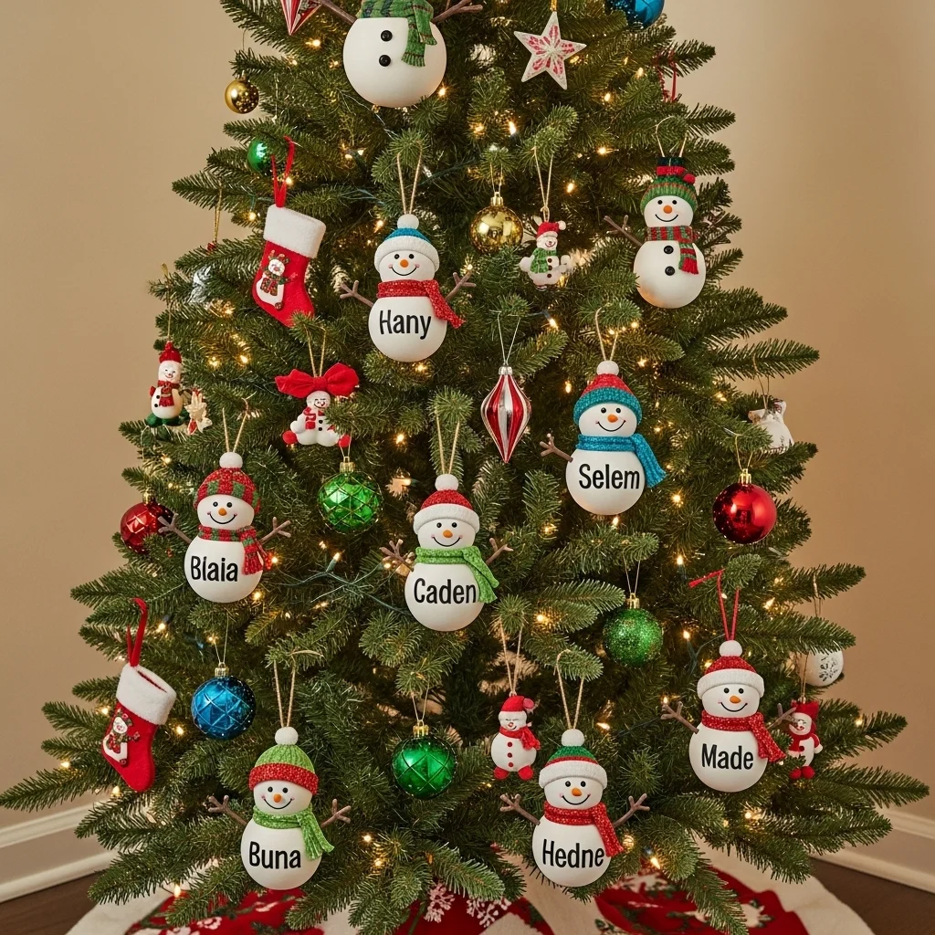 Snowman Family Tree with Personalized Ornaments