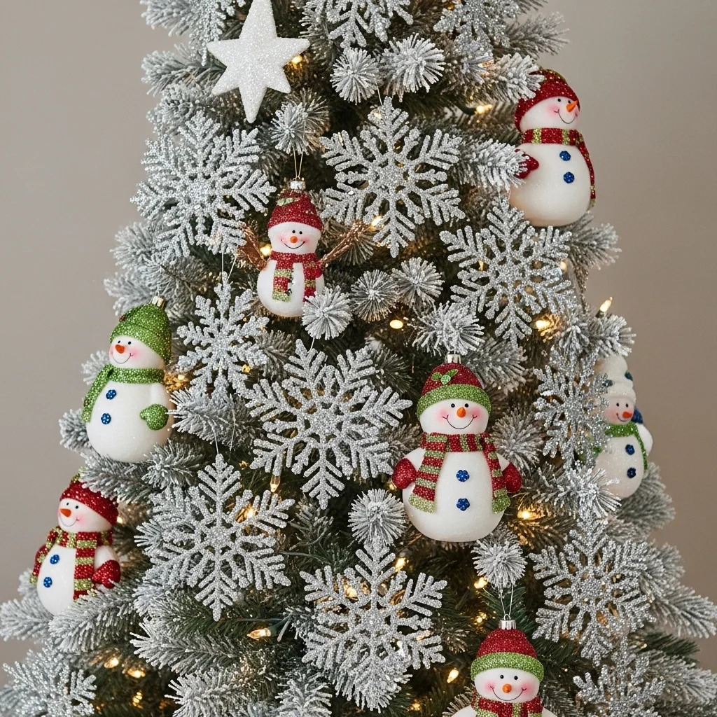  Snowman Tree with Glittery Snowflakes