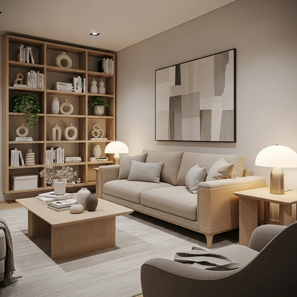  Soft Beige Sofa with Light Wood Accents