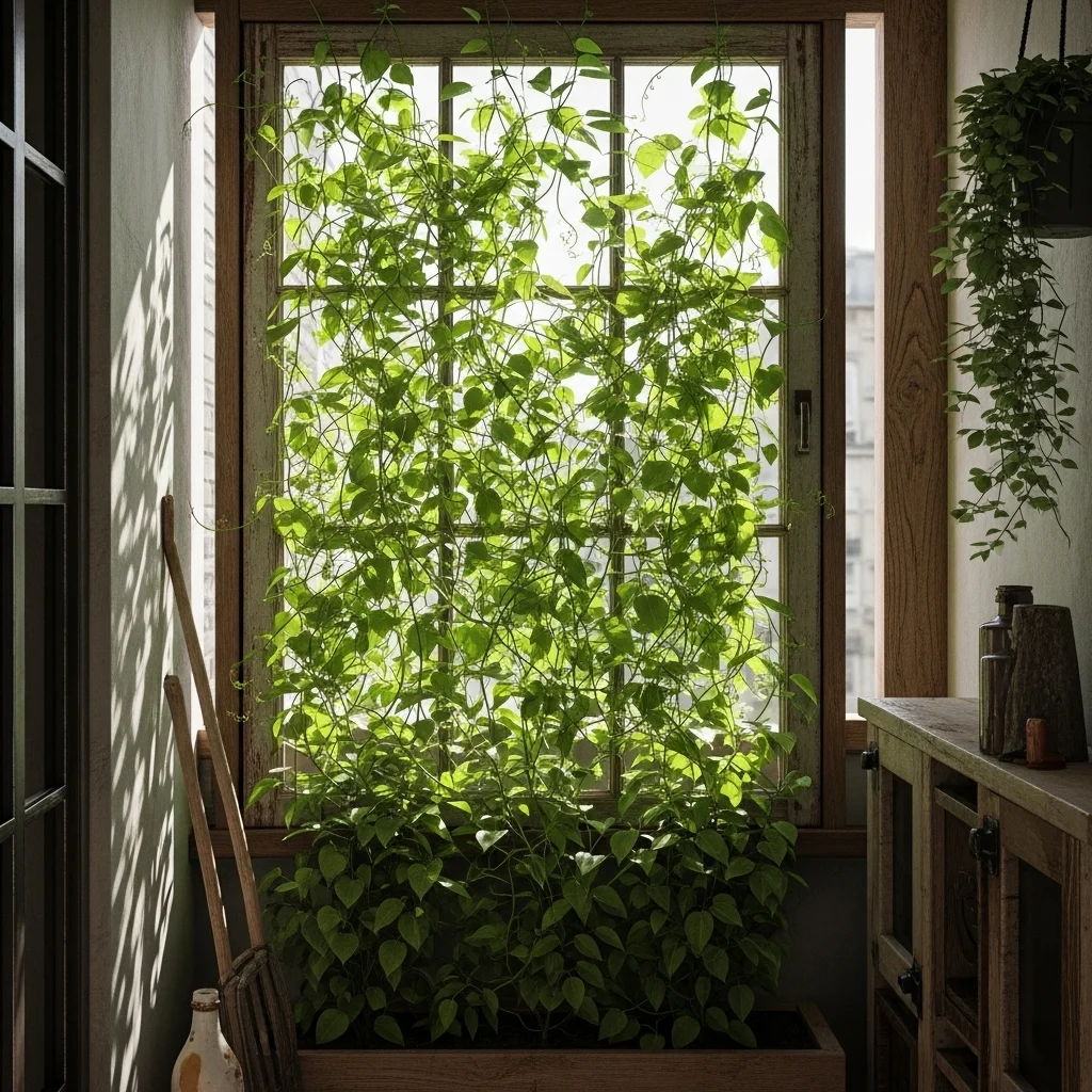  Thrifted Window Frame Trellis with Vine Curtain