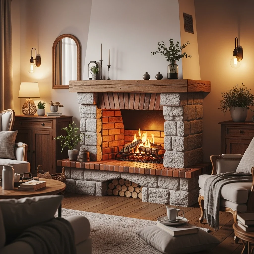  Traditional Brick and Stone Combo Fireplace