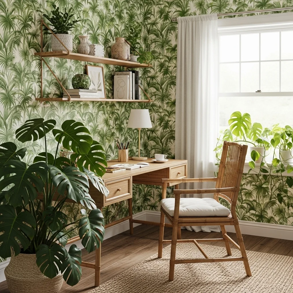 Tropical Palm-Print Retreat with Bamboo Desk