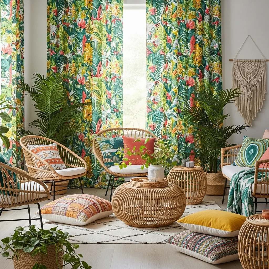 Tropical Print Curtains with Wicker Furniture