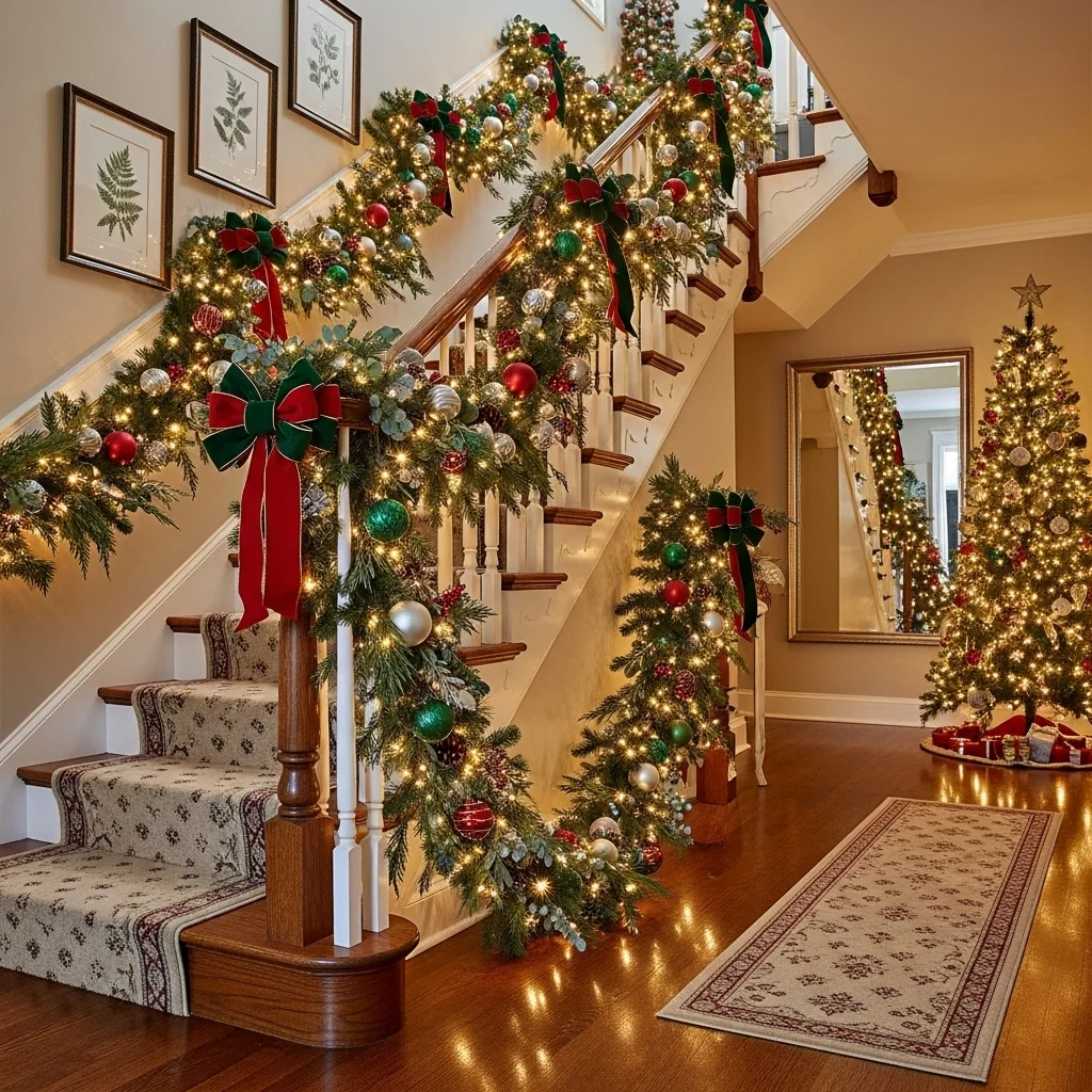  Twinkling Garland-Wrapped Stair Railings
