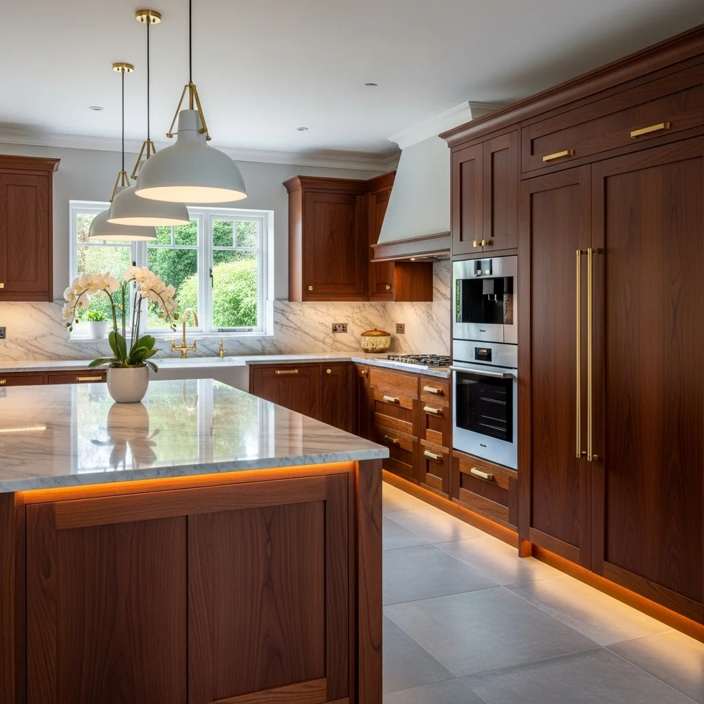 Two-Tone Design: Dark Wood Base Cabinets, Light Upper Cabinets