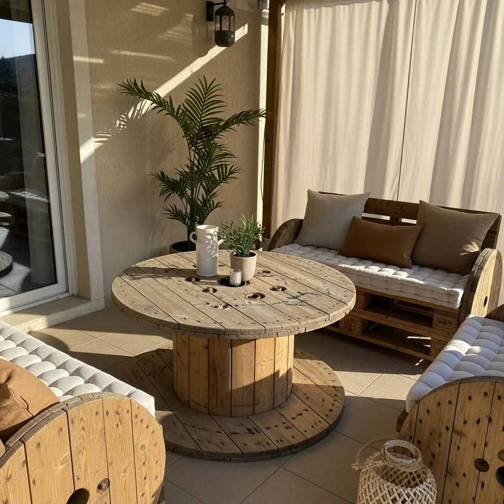  Upcycled Cable Spool Table with Bench Pair