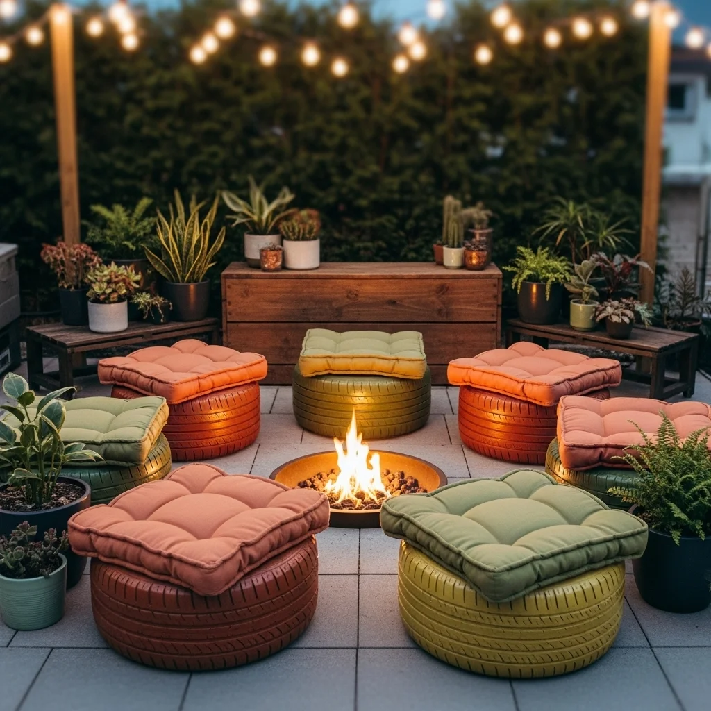  Upcycled Tire Ottoman Circle with Sunken Fire Pit