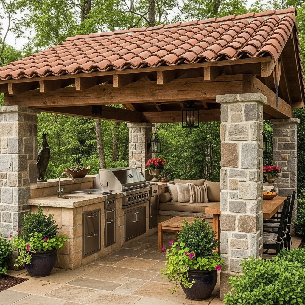 Use Stone Columns and a Tile Roof