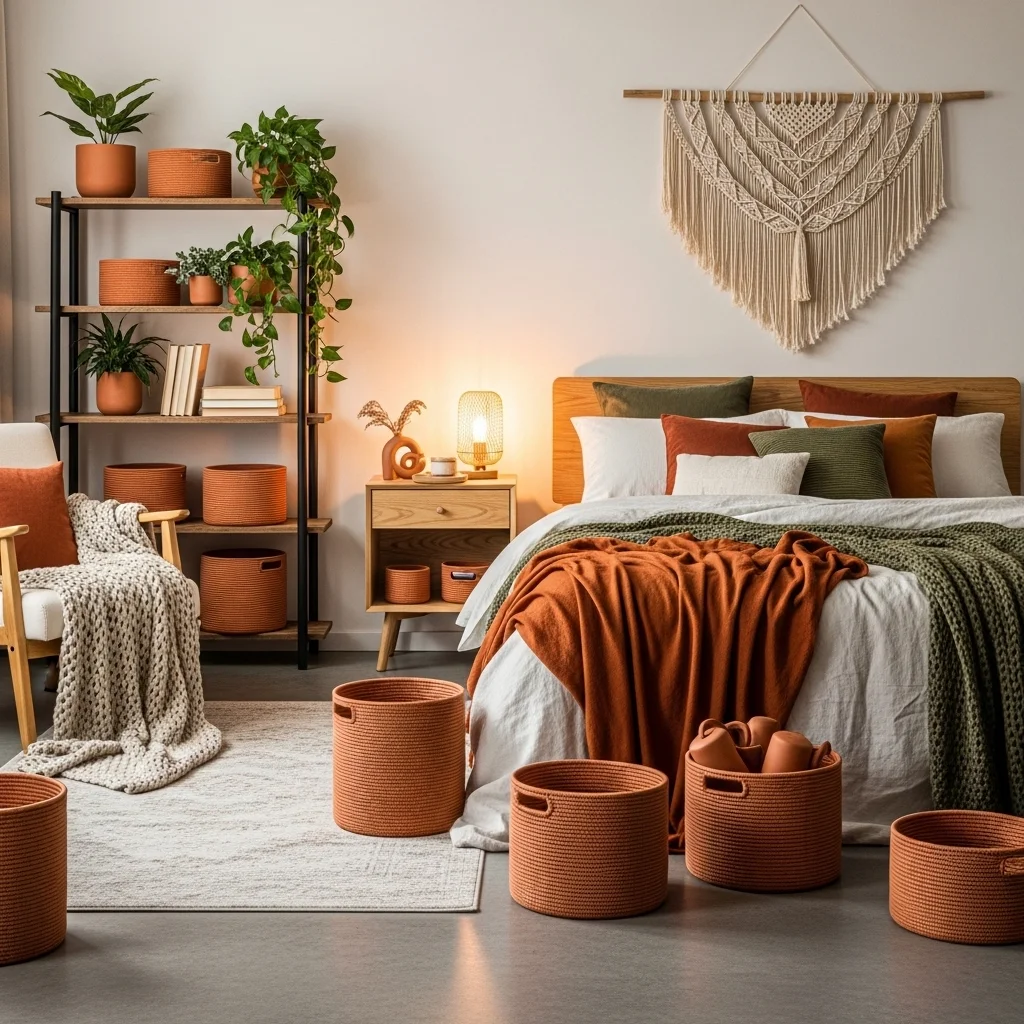 Use Terracotta Storage Baskets and Woven Accents