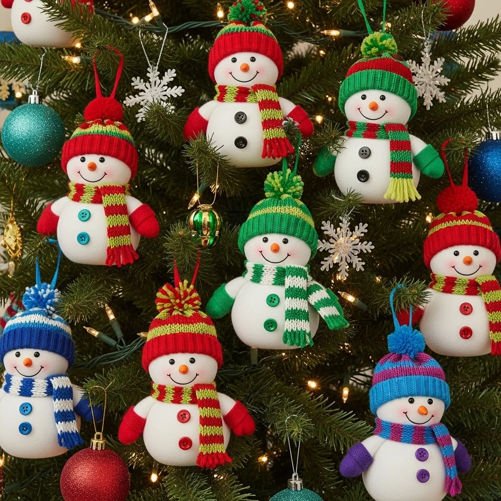  Whimsical Snowman with Colorful Hats and Scarves