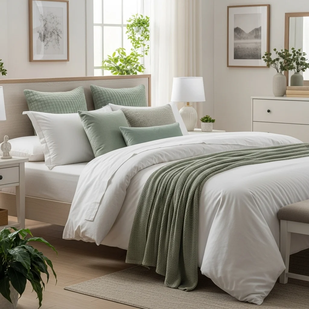 White Bedding with Sage Green Throw and Pillows