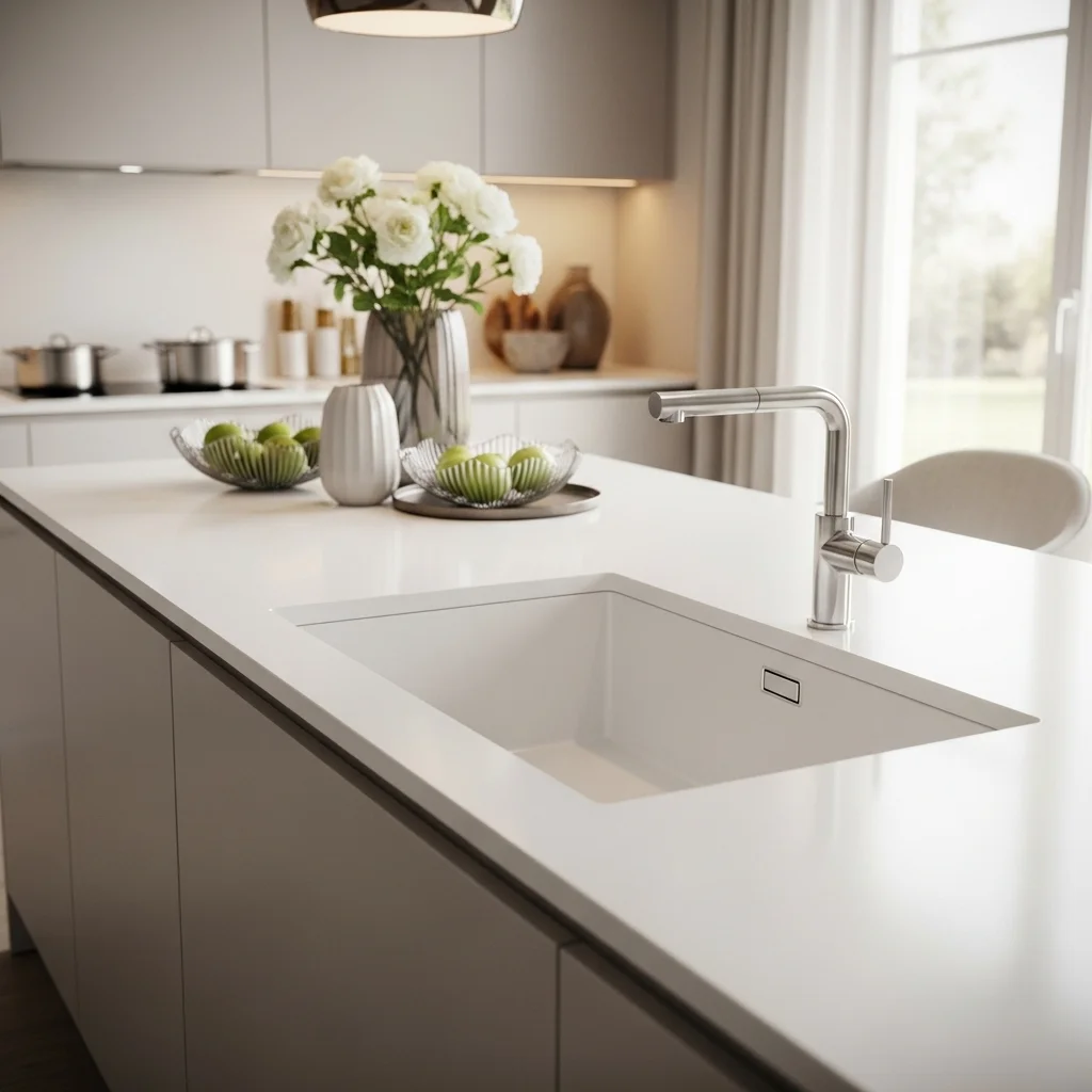 White Countertops With Integrated Sinks