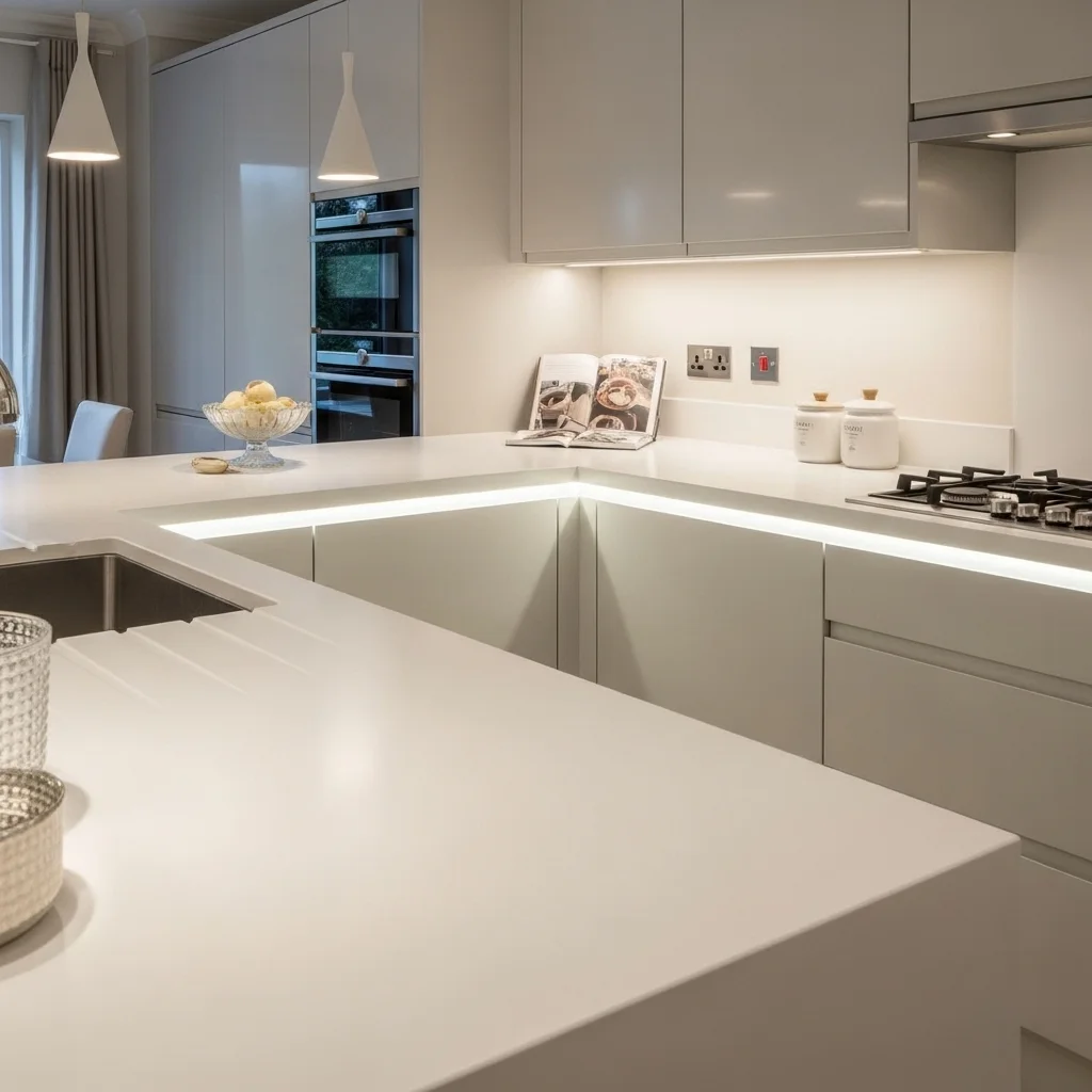  White Countertops With LED Under-Cabinet Lighting