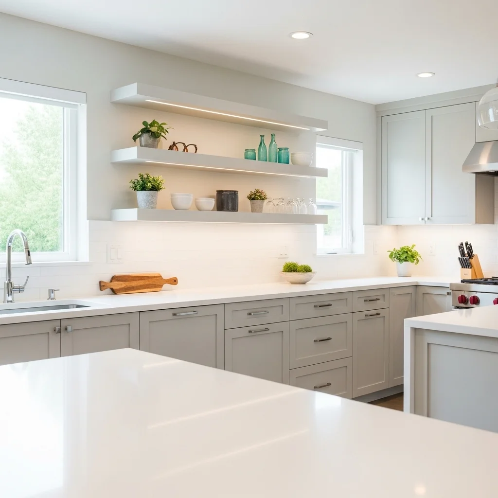  White Countertops and Floating Shelves