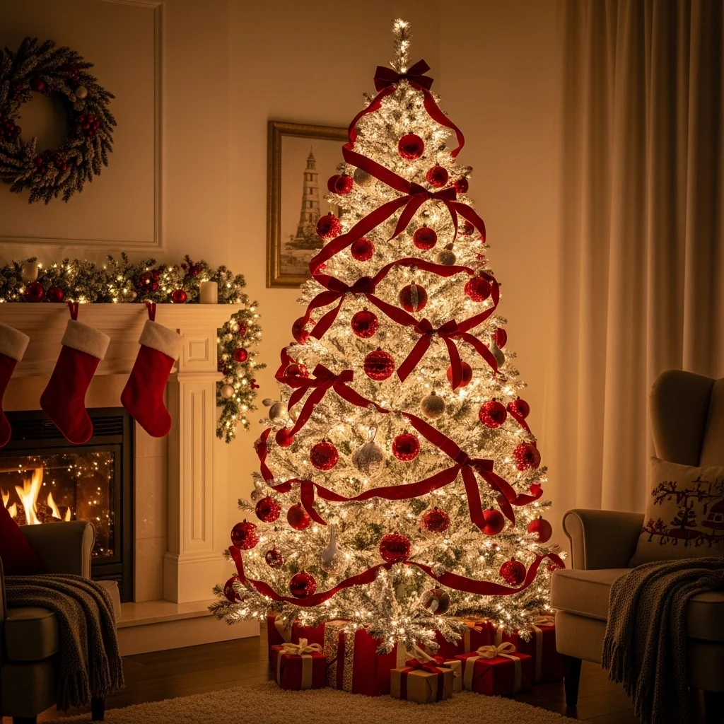 White Snow-Flocked Tree with Red Accents