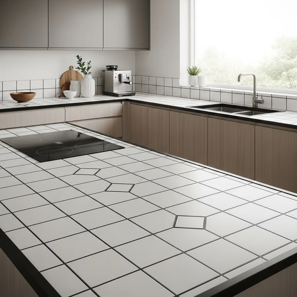  White Tile Countertops With Contrasting Grout