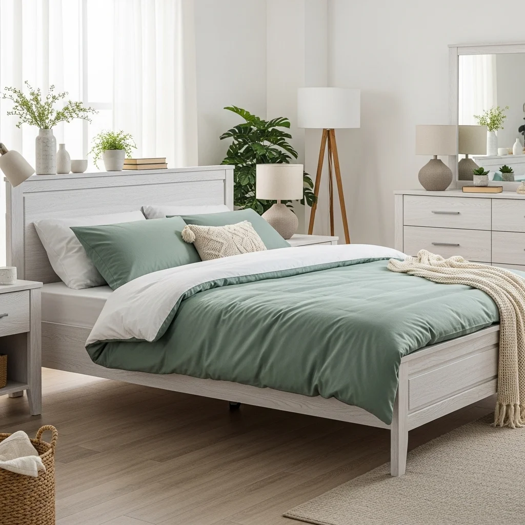 White Washed Wood Furniture with Sage Green Bedding