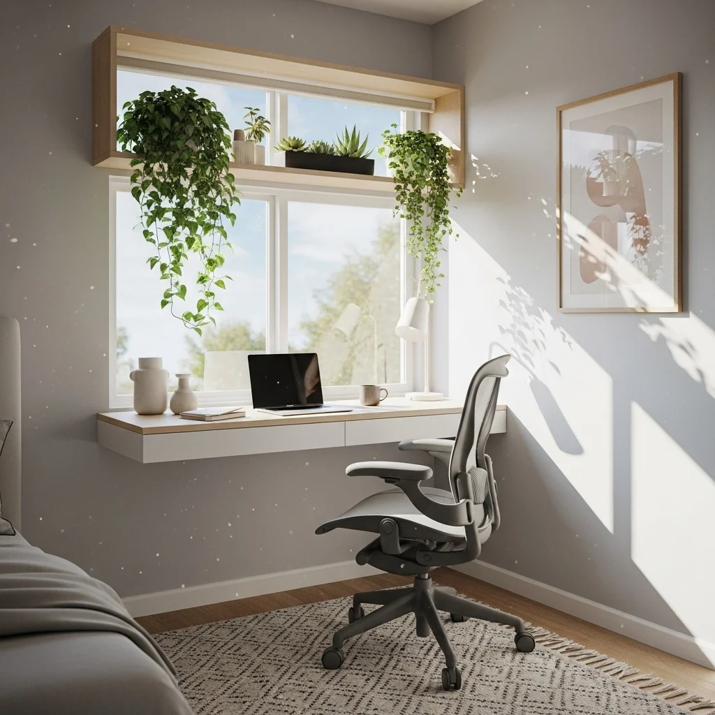  Window-Sill Floating Desk with Plant Shelf