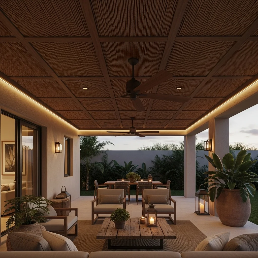 Woven Reed Mat Ceiling with Fan