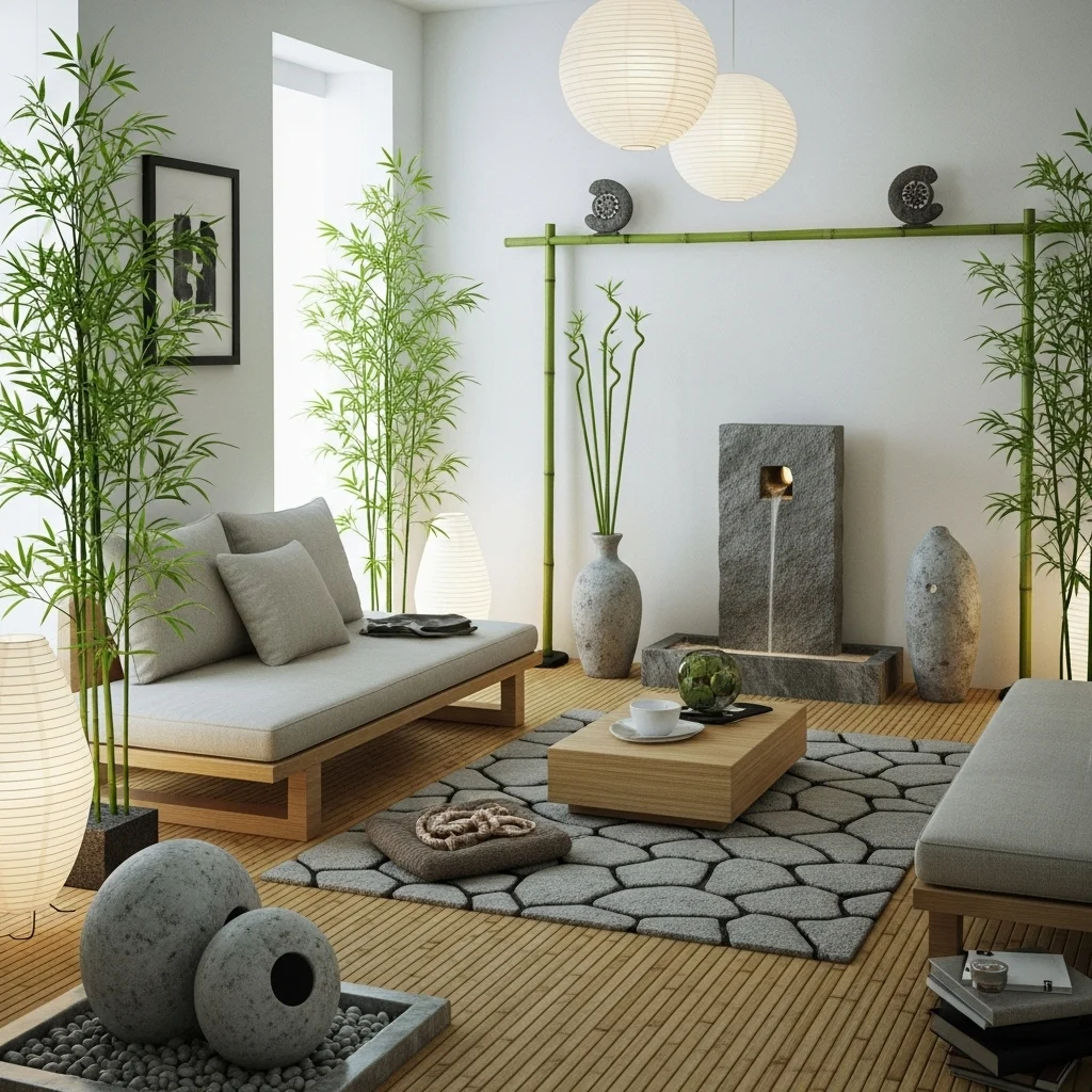Zen Minimalist Sanctuary with Bamboo and Stone