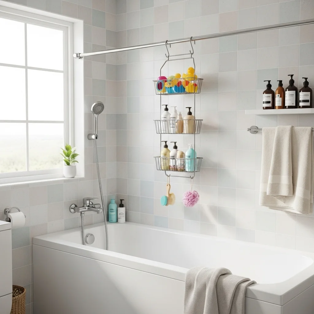  Add a Shower Rod with Hanging Baskets