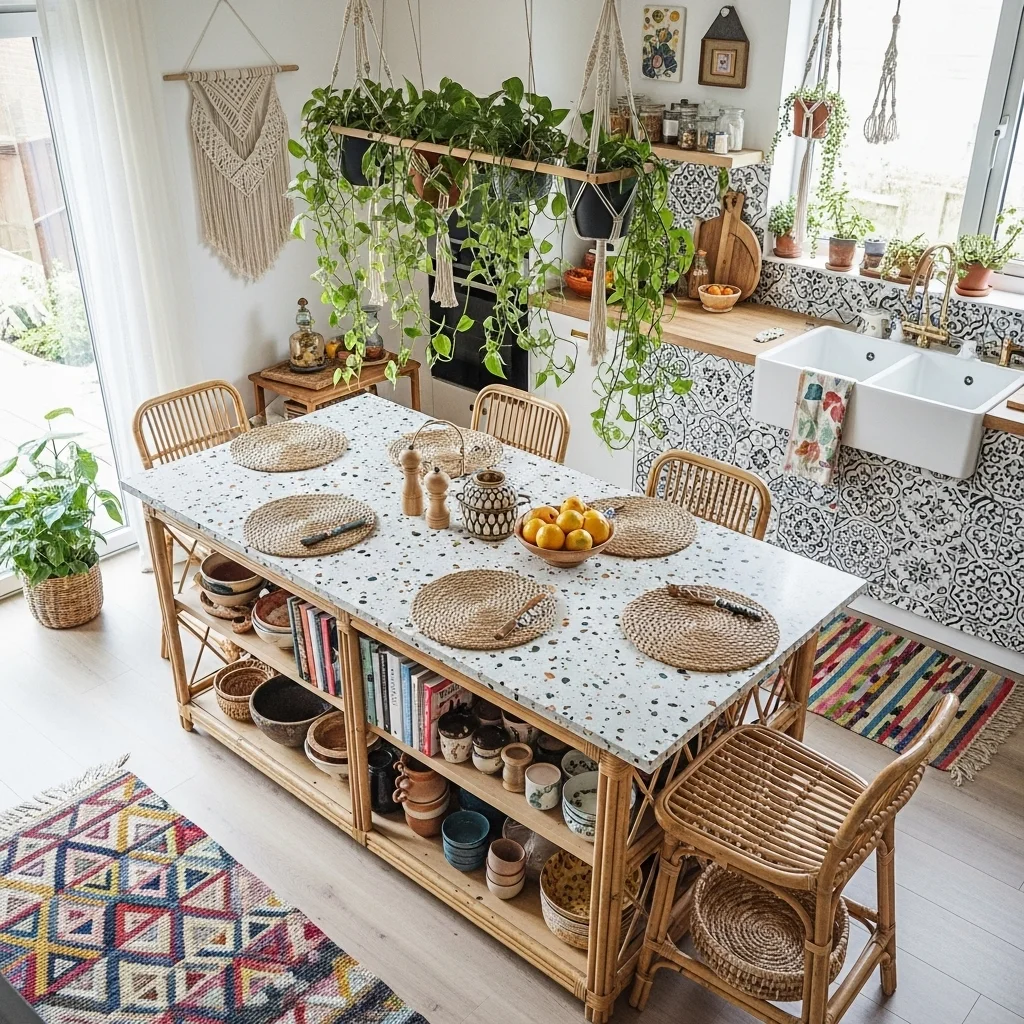 Boho Rattan and Terrazzo Island with Hanging Plants