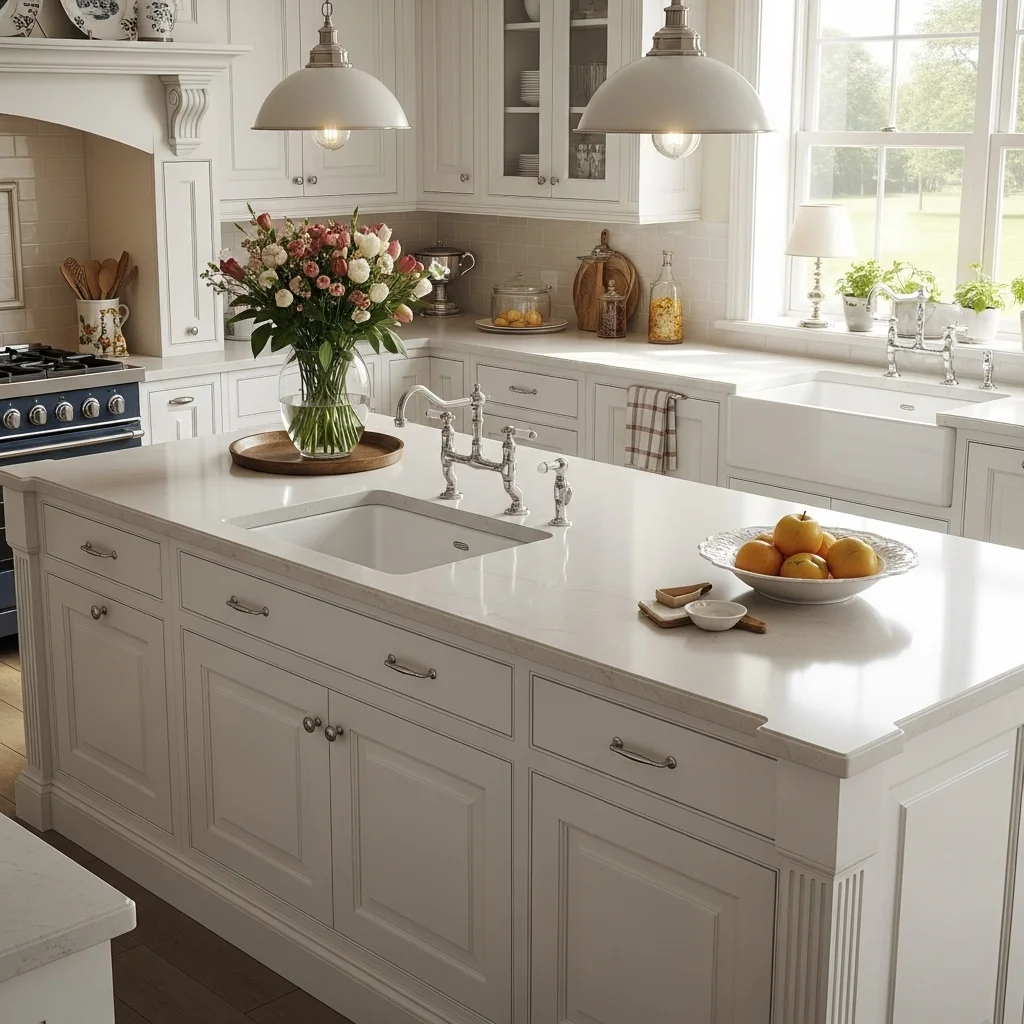 Classic White Paneled Island with Bridge Faucet