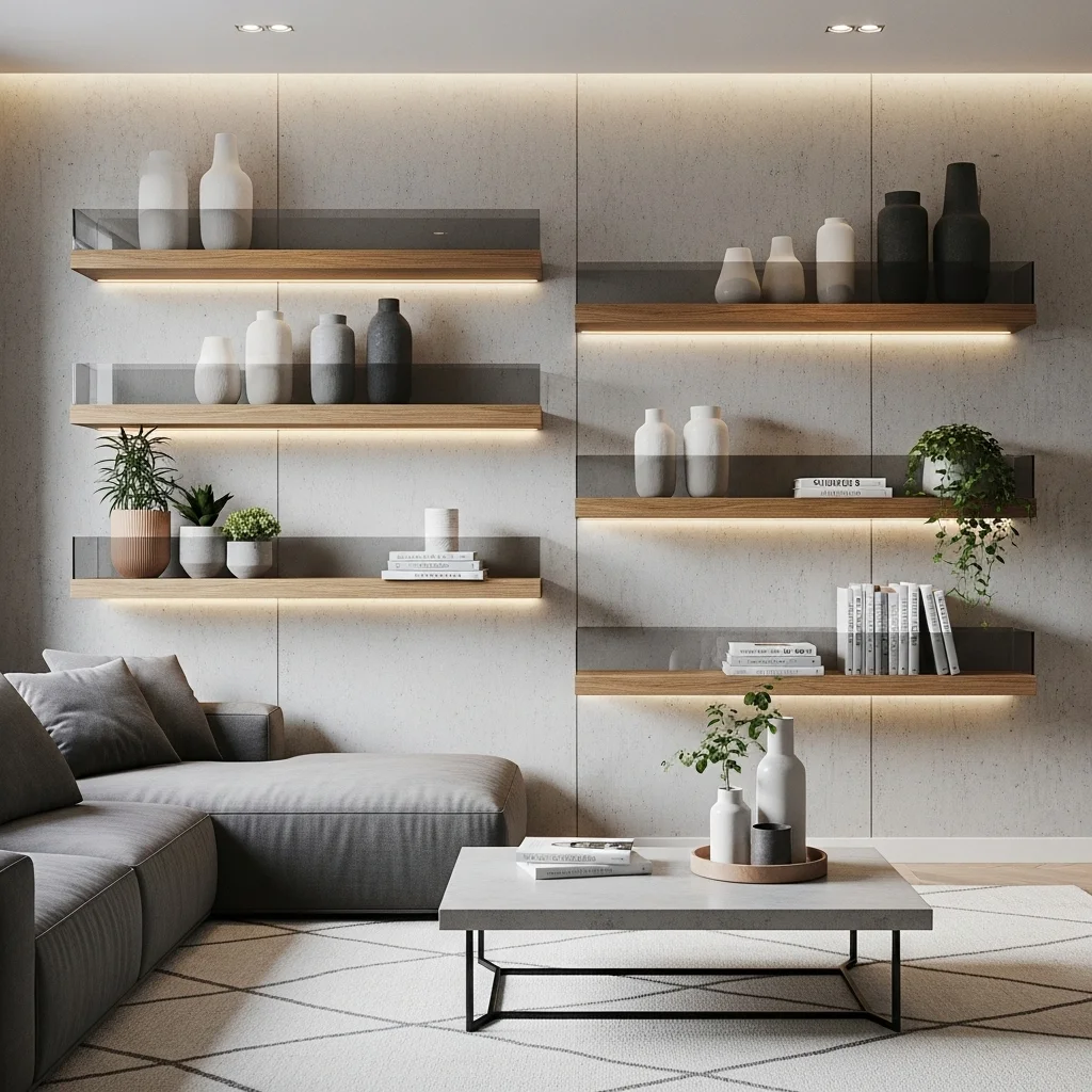  Floating Wooden Shelves with Glass Inserts