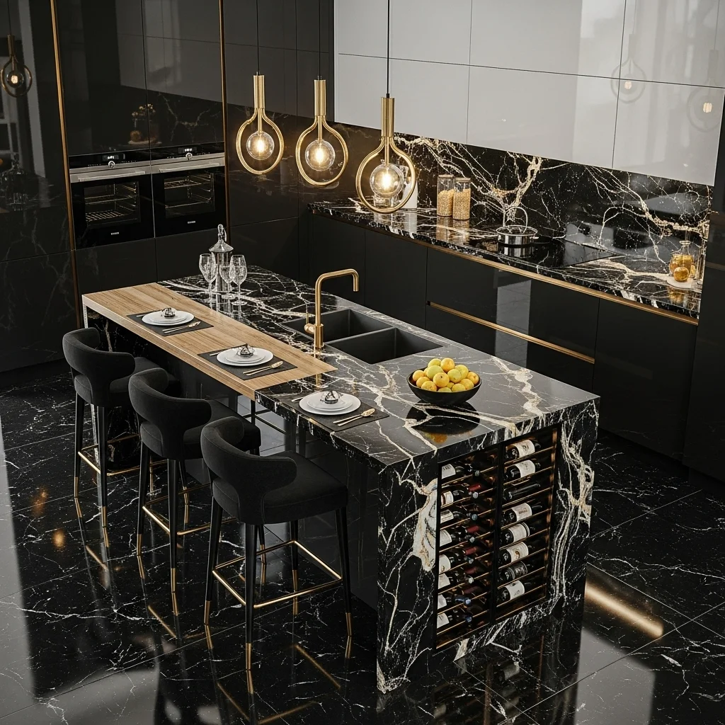 Glam Black-and-Gold Waterfall Island with Wine Storage