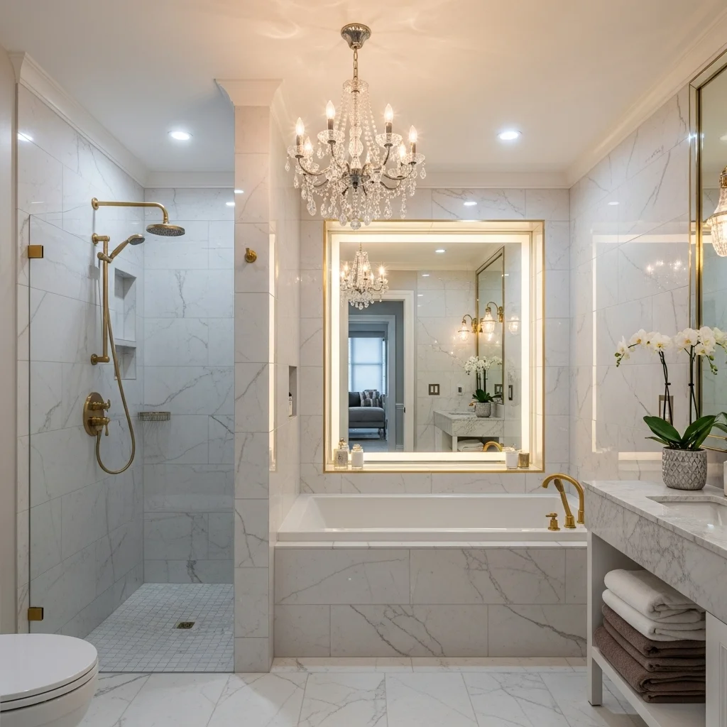 Glam Walk-In with Chandelier and Mirrored Niche