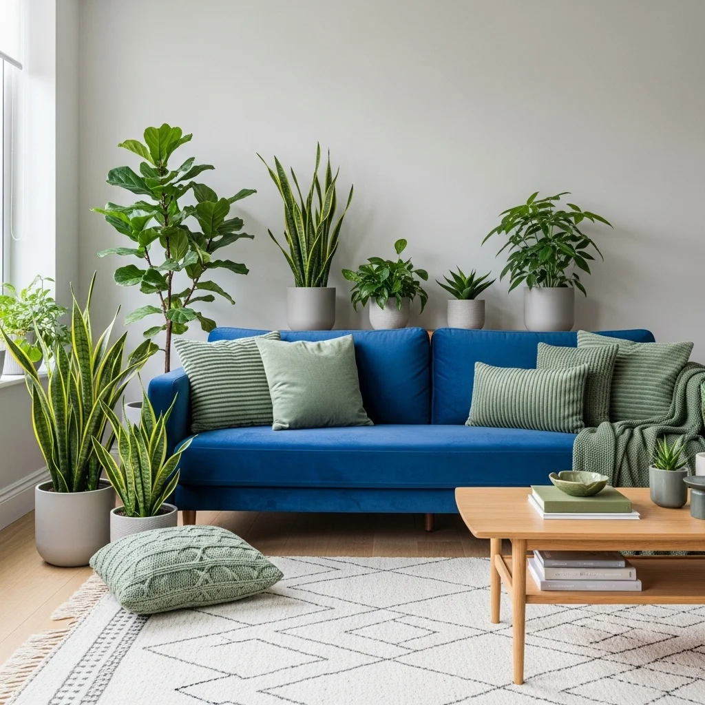 Incorporate Blue Sofas with Green Accents