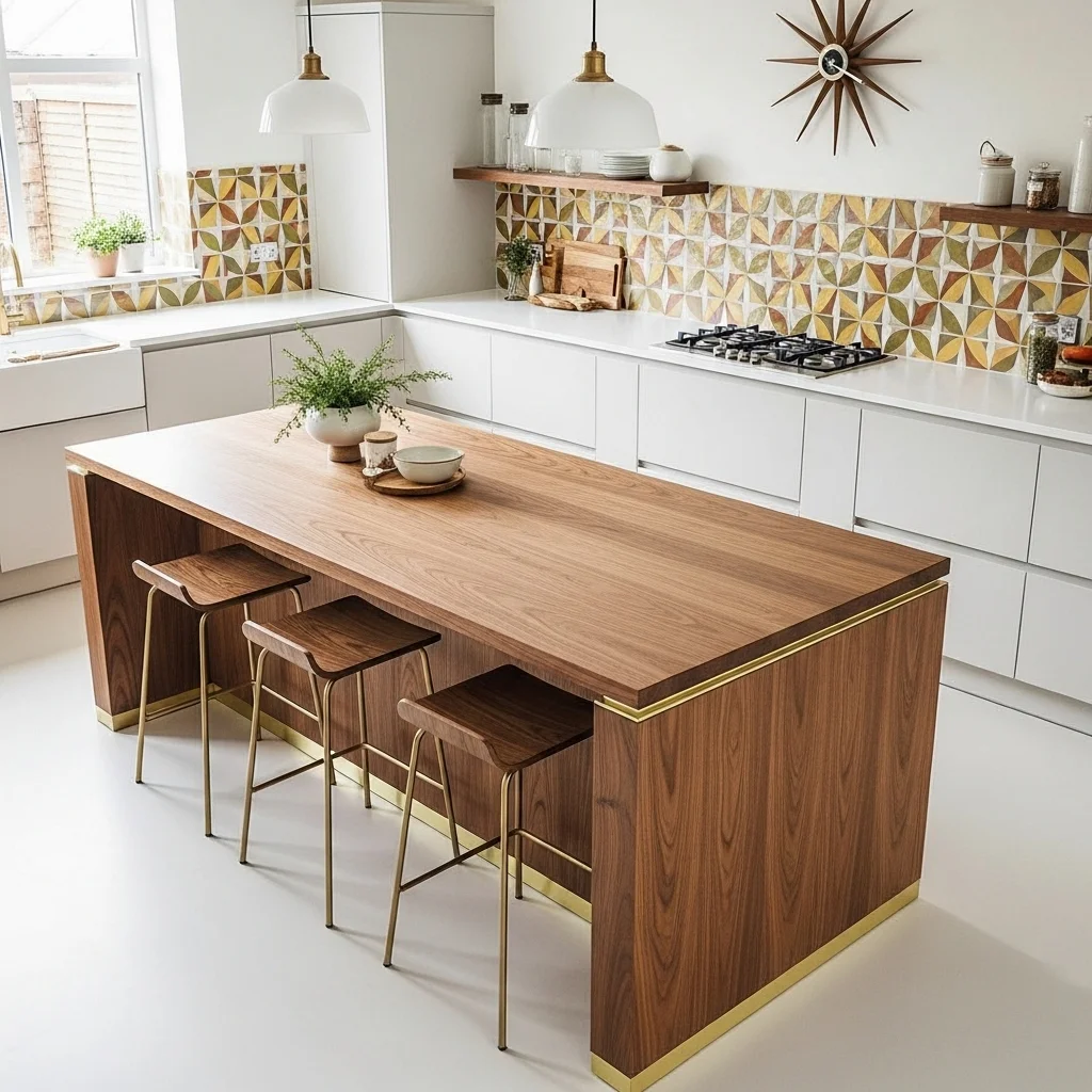 Mid-Century Modern Walnut Island with Brass Accents