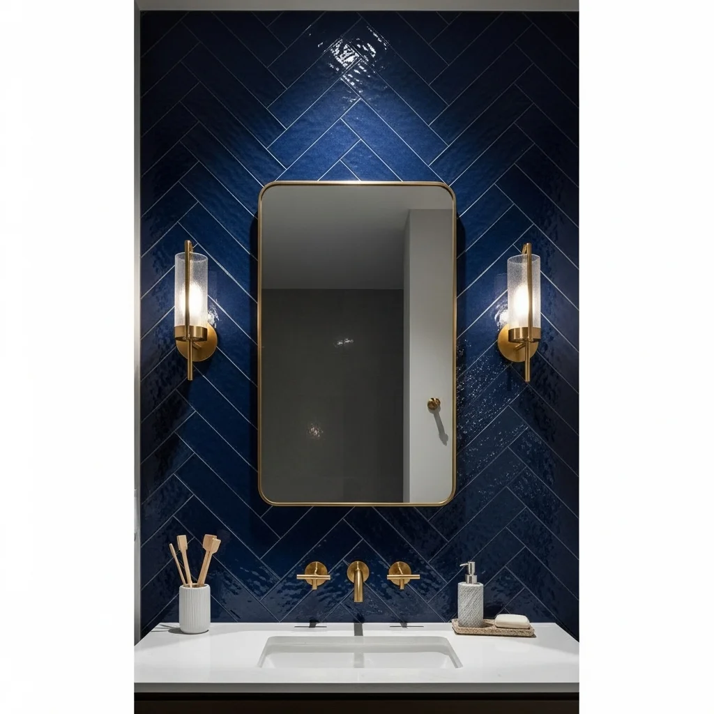  Midnight Blue Herringbone Tile Depth