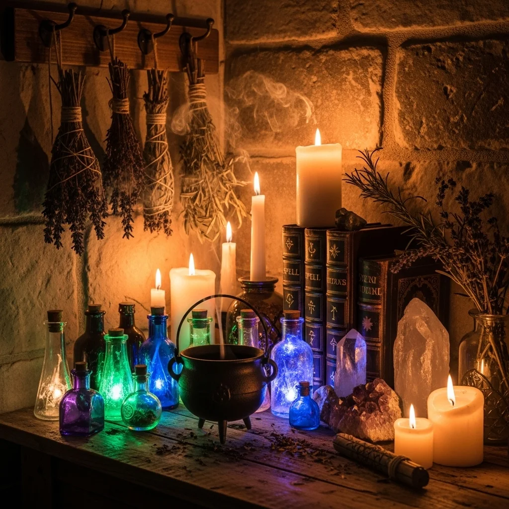  Mystic Cauldron Corner with Potion Bottles