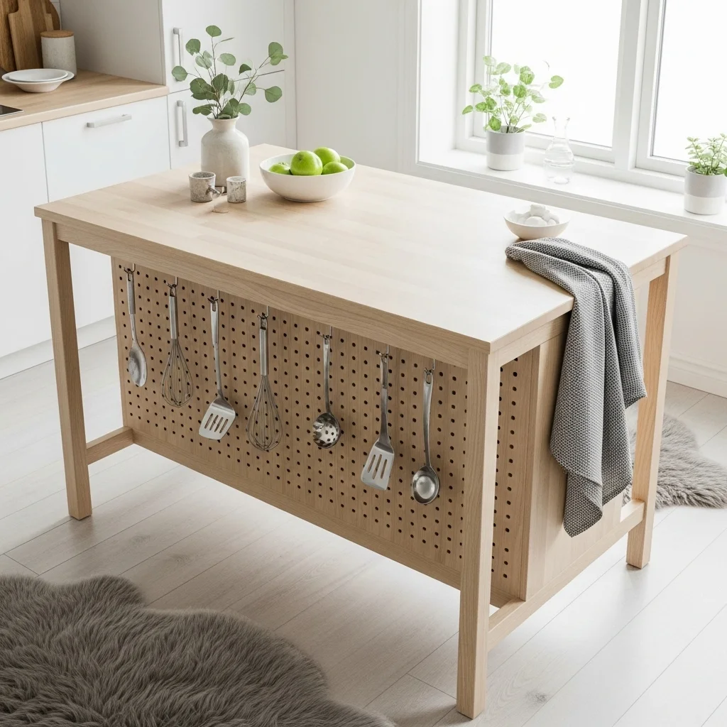 Scandinavian Blonde Wood Island with Pegboard Storage