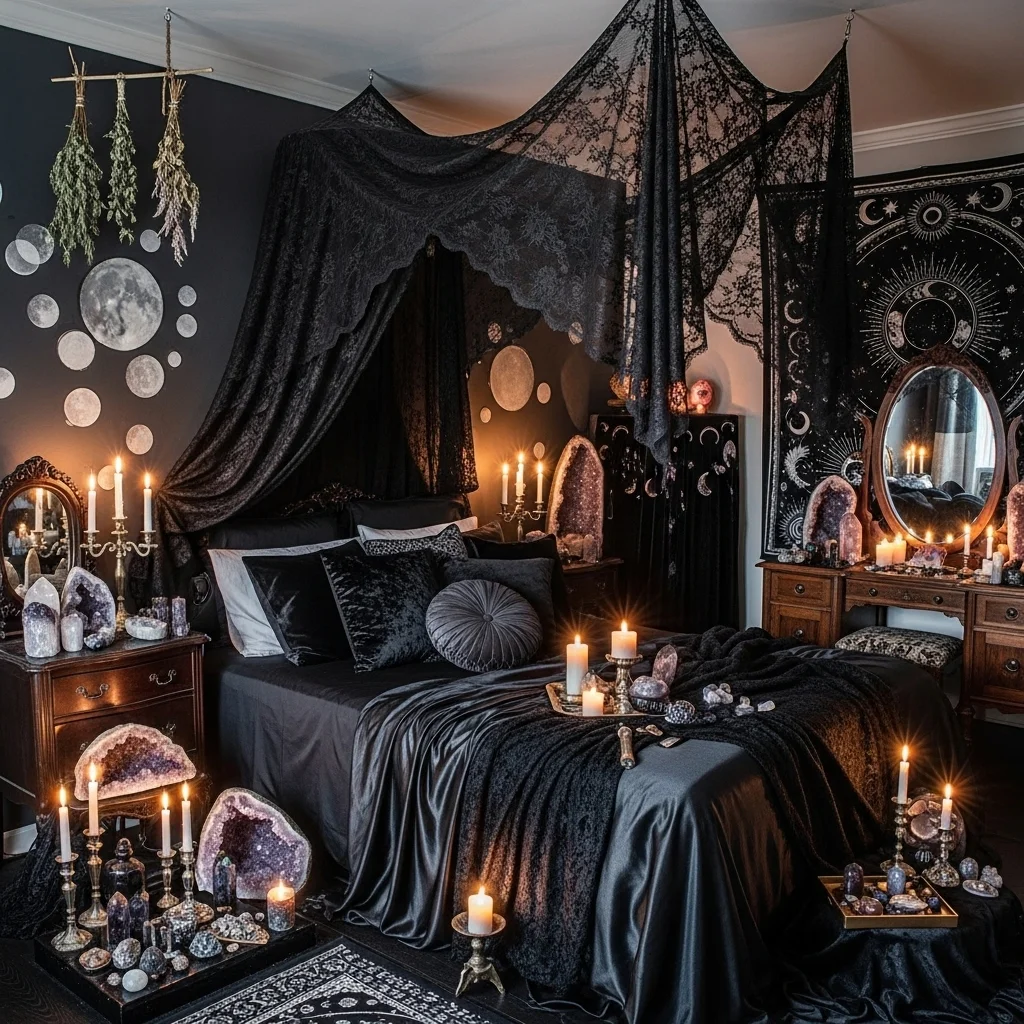  Shadow Silk Bedroom with Black Lace Canopy