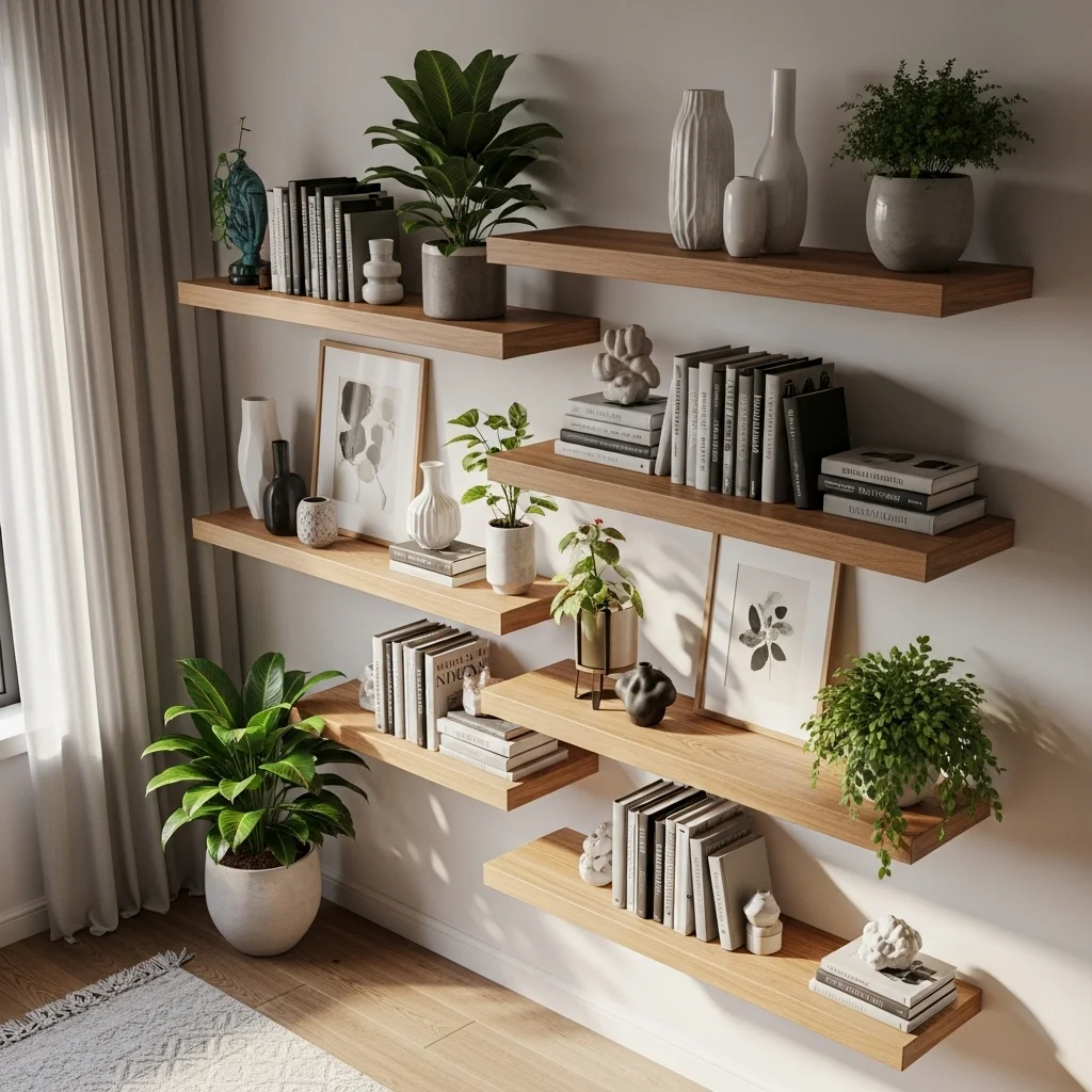  Staggered Wooden Wall Shelves