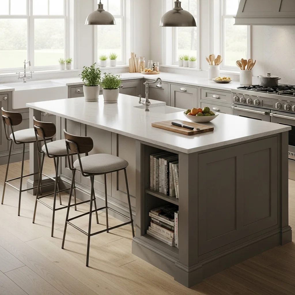 Transitional Gray Shaker Island with Integrated Bookshelf