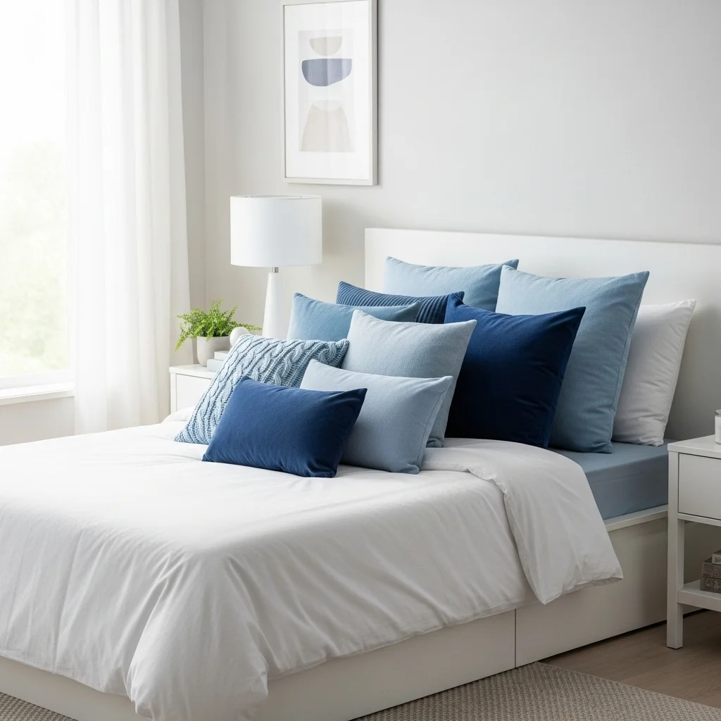 Use White Bedding with Blue Throw Pillows