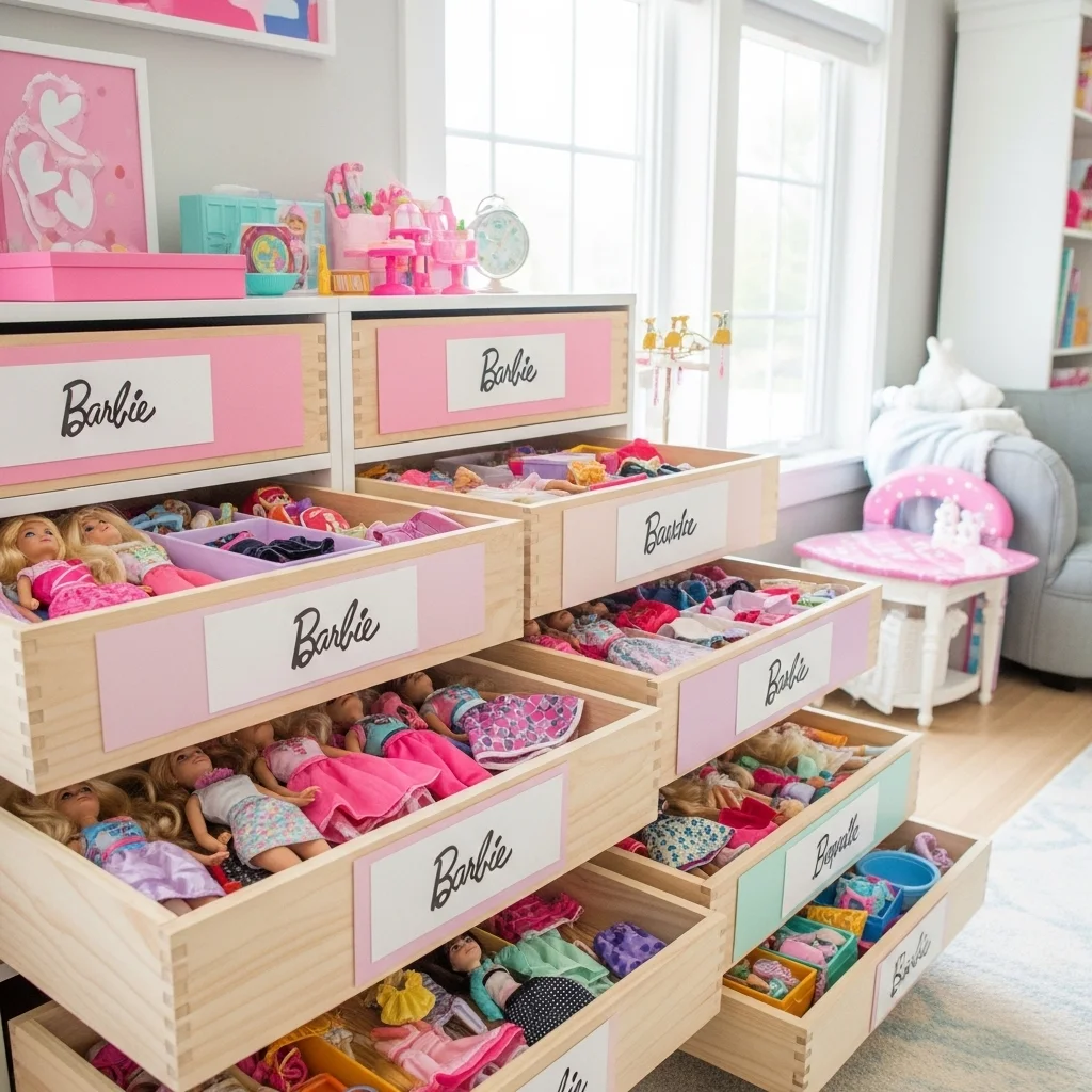 Use a Labeled Drawer Unit for Each Barbie Theme