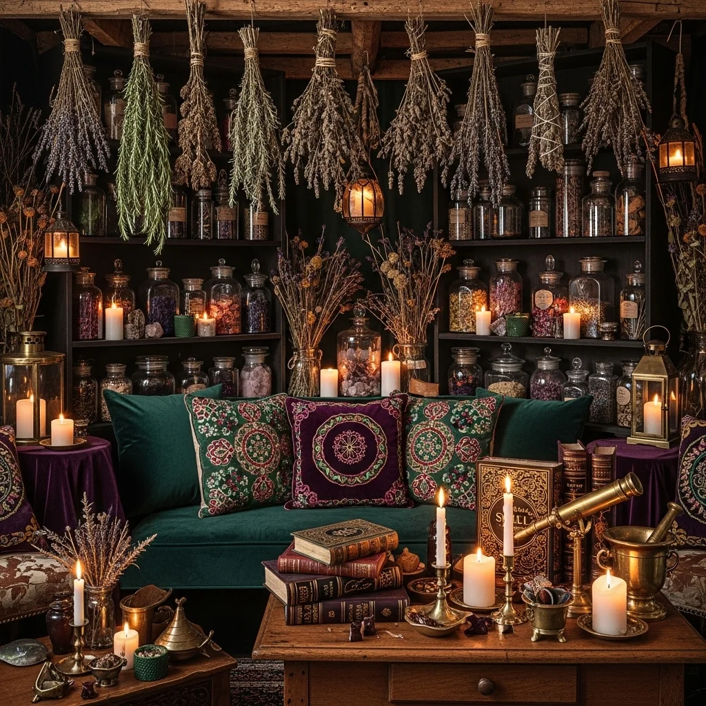 Velvet Apothecary Lounge with Dried Herb Bundles