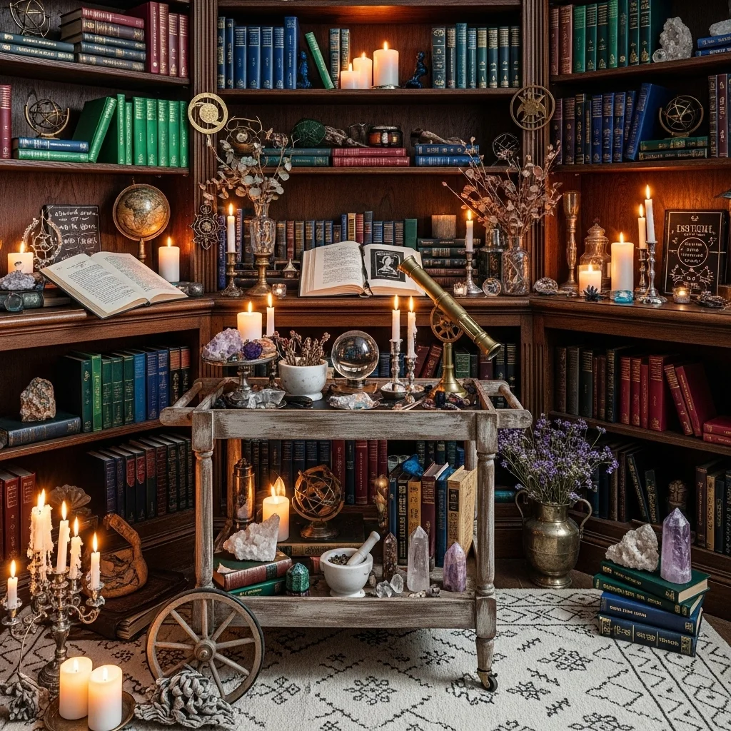 Velvet Spellbook Library with Rolling Cart